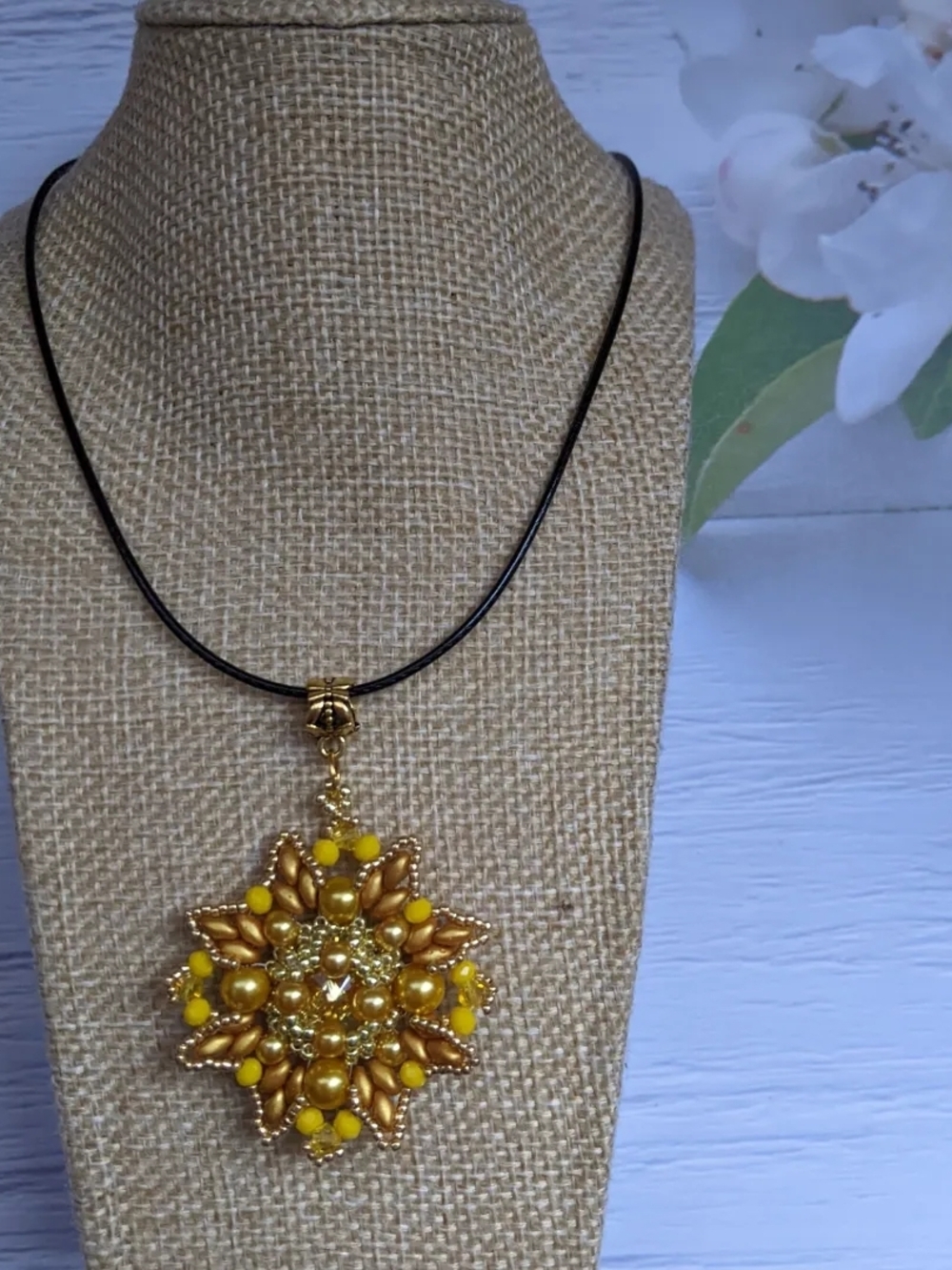 Gold and Yellow Floral Bead Pendant Necklace